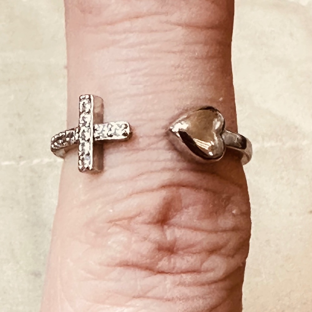 Silver Tone Heart & Cross Ring Open & Adjustable Vintage